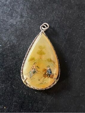 Vintage Persian Hand-Painted MOP/Silver Pendant Horses/Birds